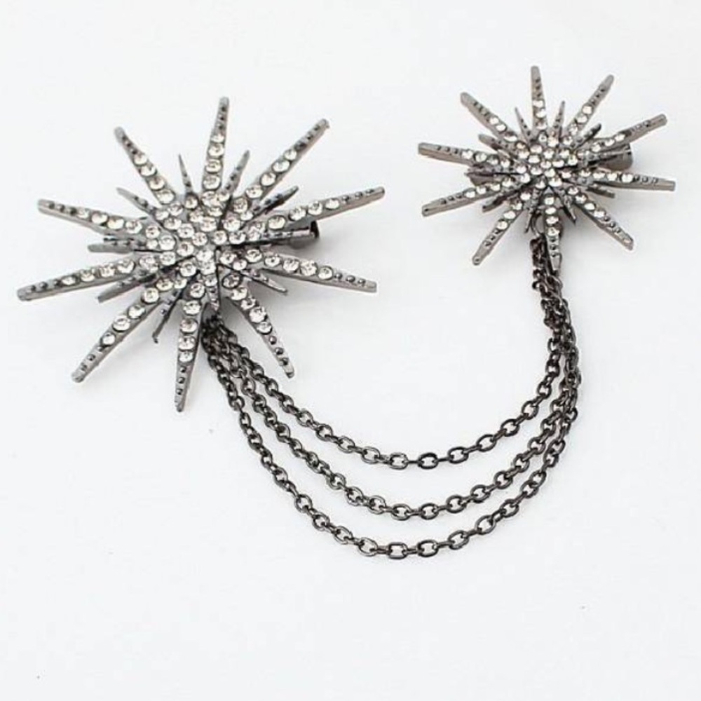 Crystal Snowflake Collar Clip Brooch with Chain - Picture 3 of 7